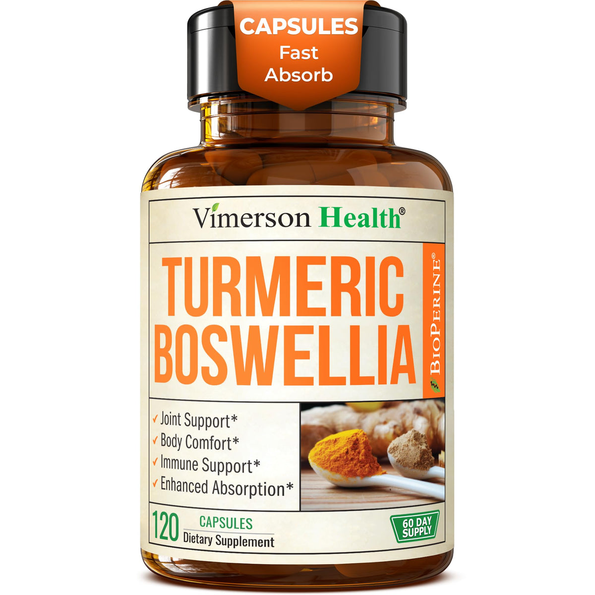 Vimerson Health turmeric-boswellia bottle front showing joint support potential.