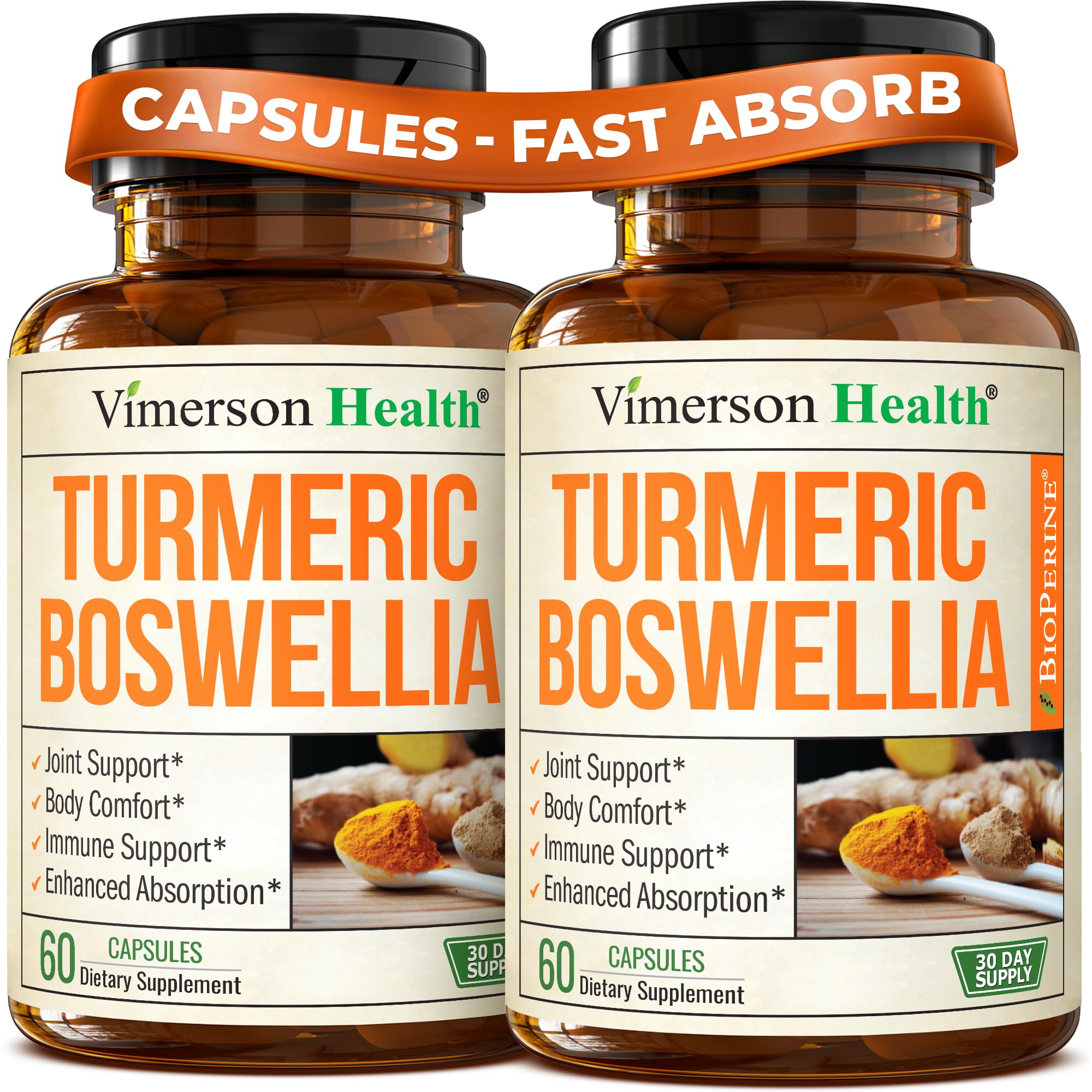 Vimerson Health turmeric-boswellia capsules bottle supports daily joint comfort.