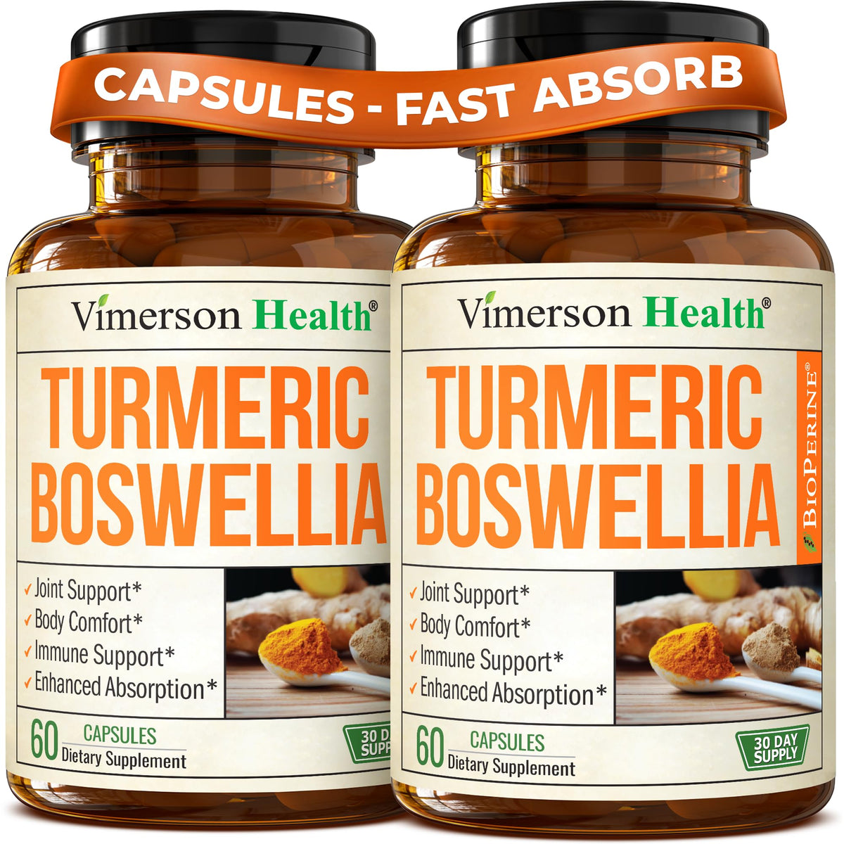 Vimerson Health turmeric-boswellia capsules bottle supports daily joint comfort.