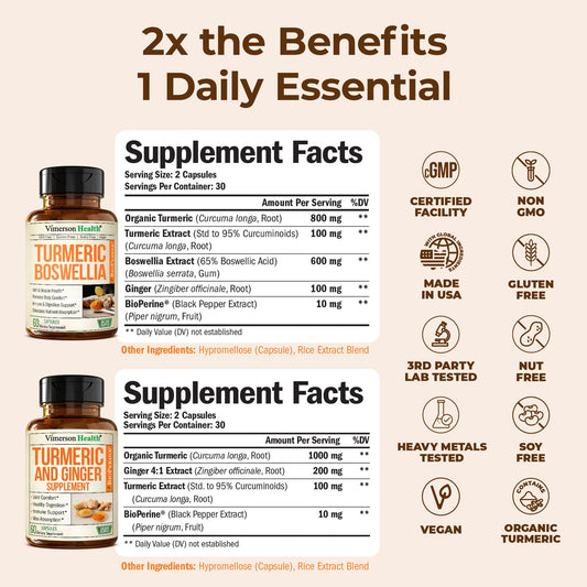 Vimerson Health turmeric boswellia formula bottle highlights joint support benefits.