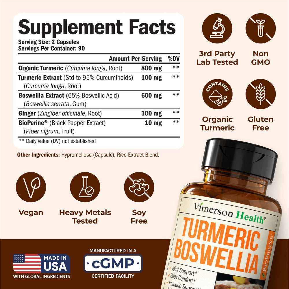 Close-up Vimerson Health label highlights turmeric potency.
