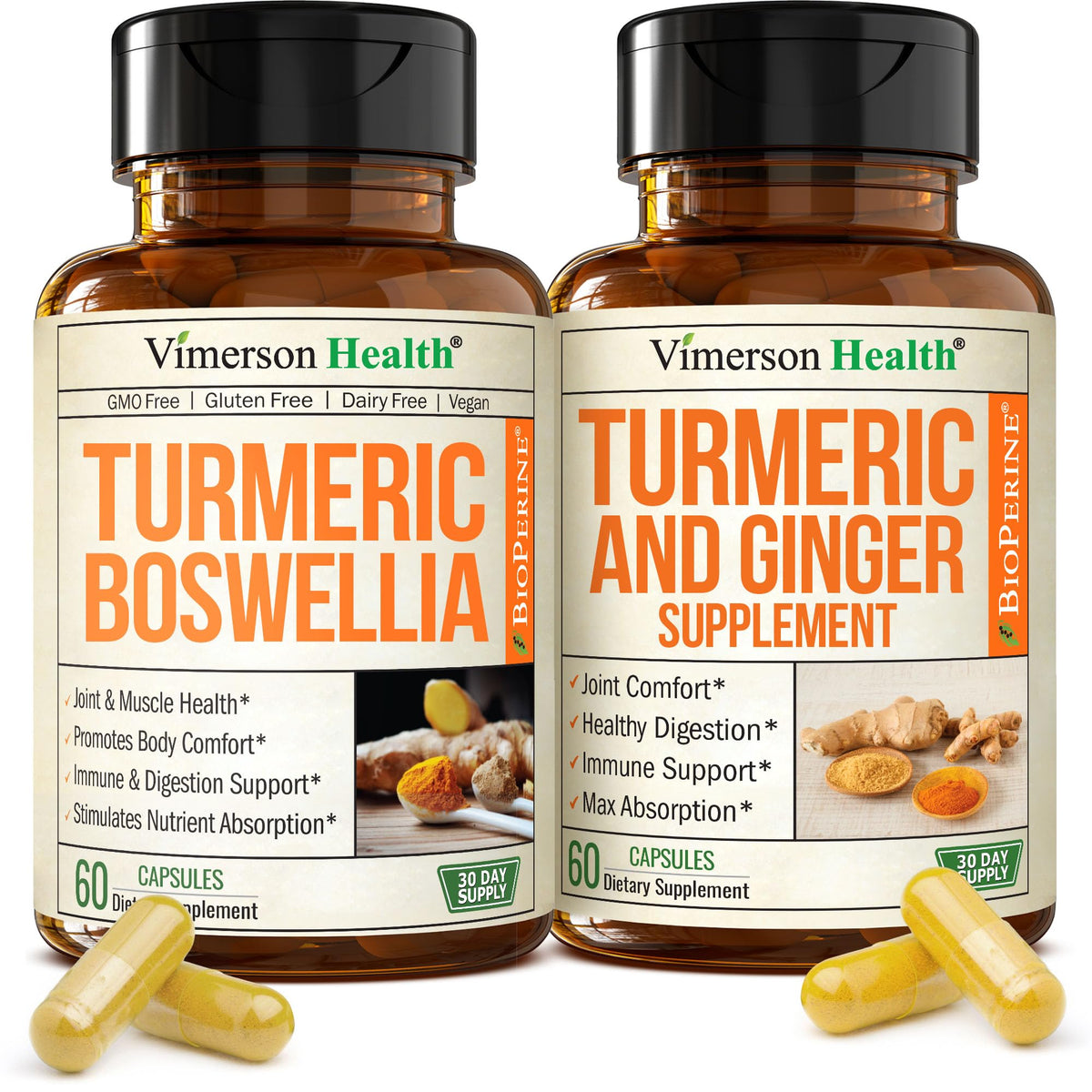 Vimerson Health turmeric bundle bottle front highlights joint comfort and daily energy.