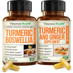 Vimerson Health turmeric bundle bottle front highlights joint comfort and daily energy.