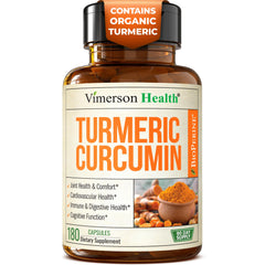 Vimerson Health turmeric curcumin bottle displaying 1200mg potency for daily support.