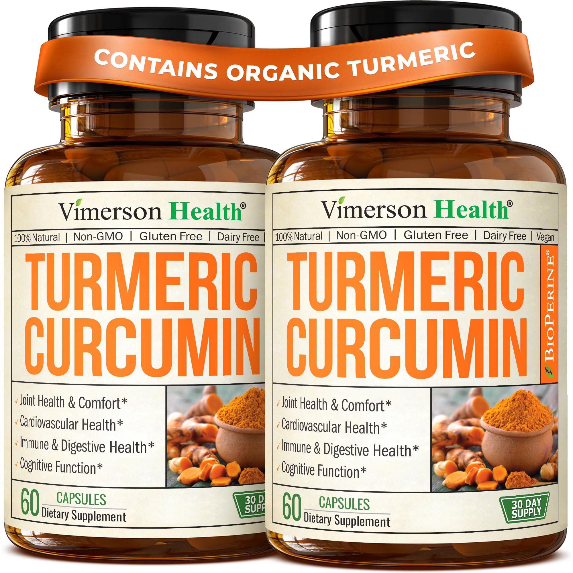 Vimerson Health Turmeric Curcumin bottle front shows high potency supplement.