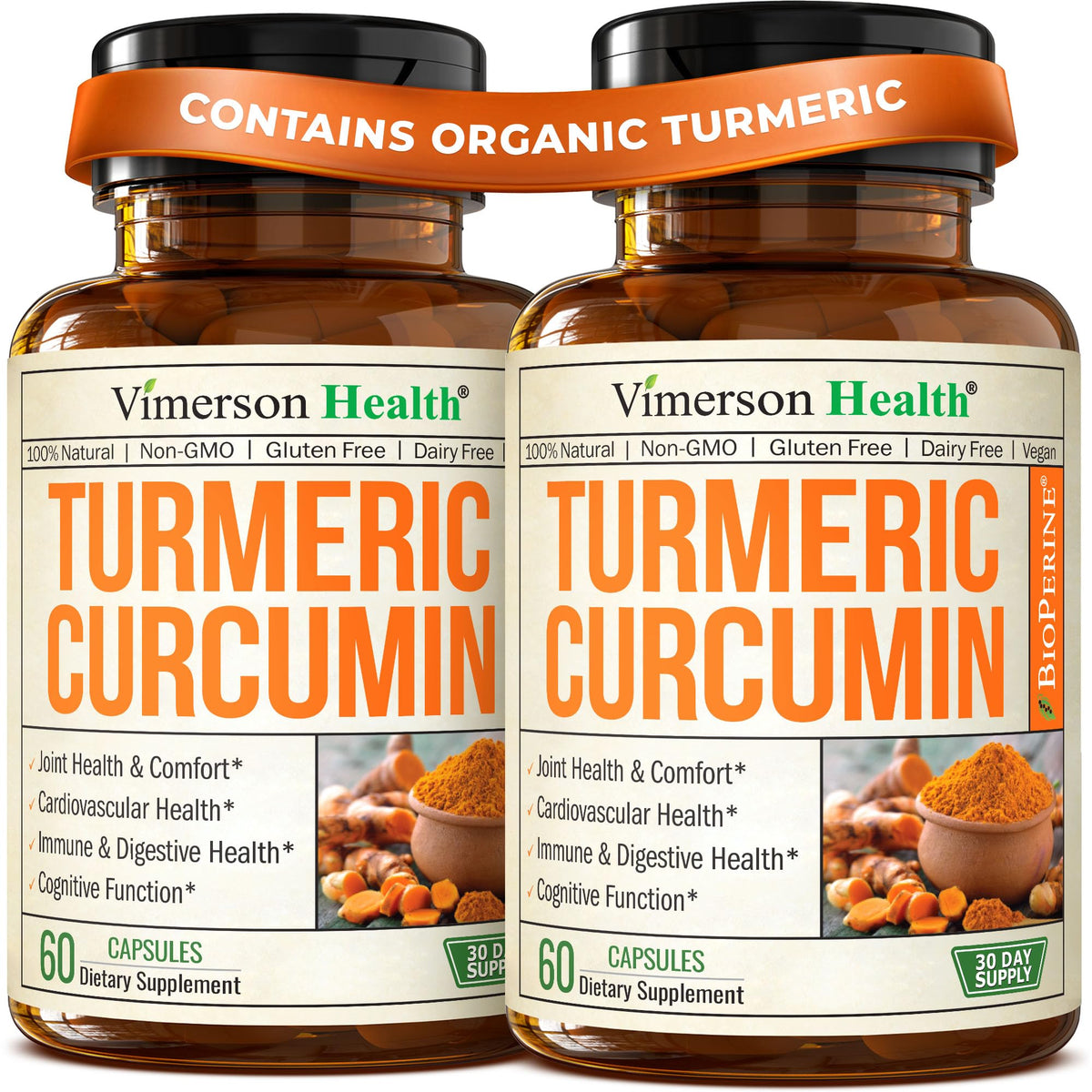 Vimerson Health Turmeric Curcumin bottle front shows high potency supplement.