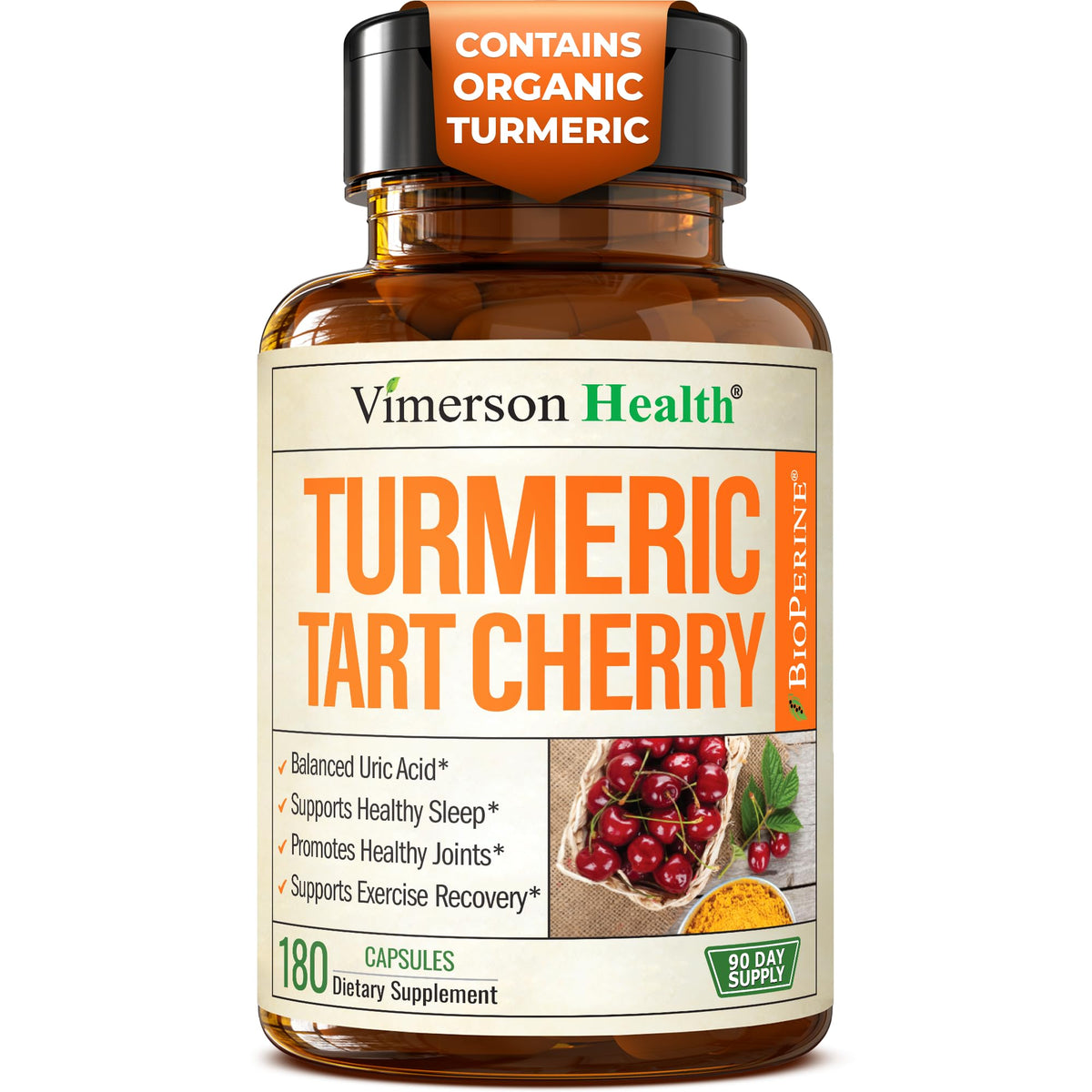 Vimerson Health Turmeric Curcumin bottle highlights joint support and overall wellness.