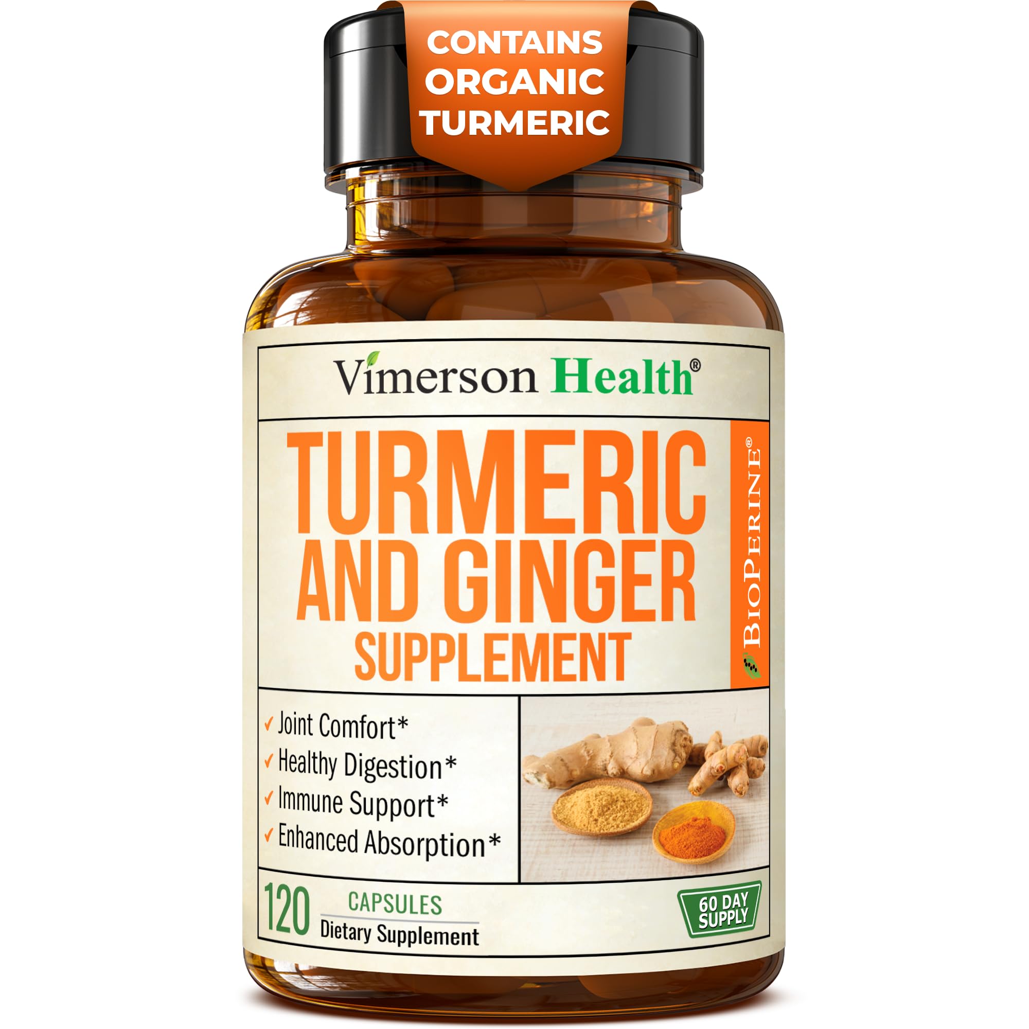 Vimerson Health turmeric-curcumin ginger bottle offering joint support potential