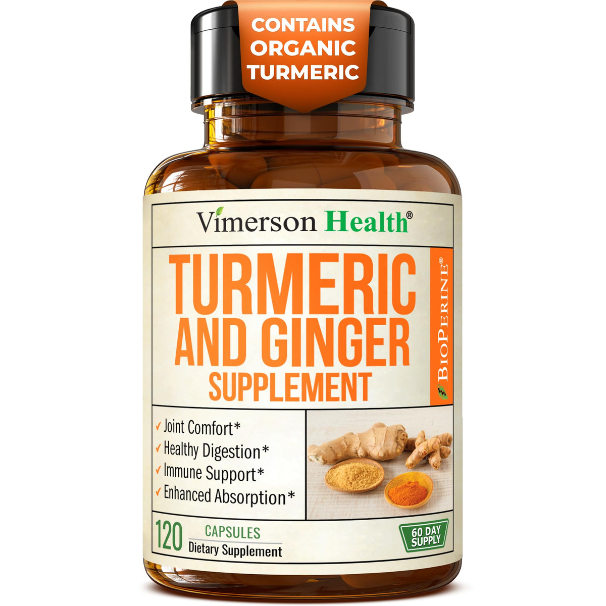 Vimerson Health turmeric-curcumin ginger bottle offering joint support potential
