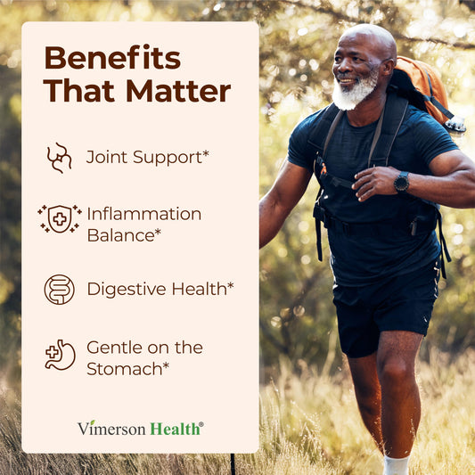 Vimerson Health turmeric powder jar demonstrates organic formula for flexible movement.