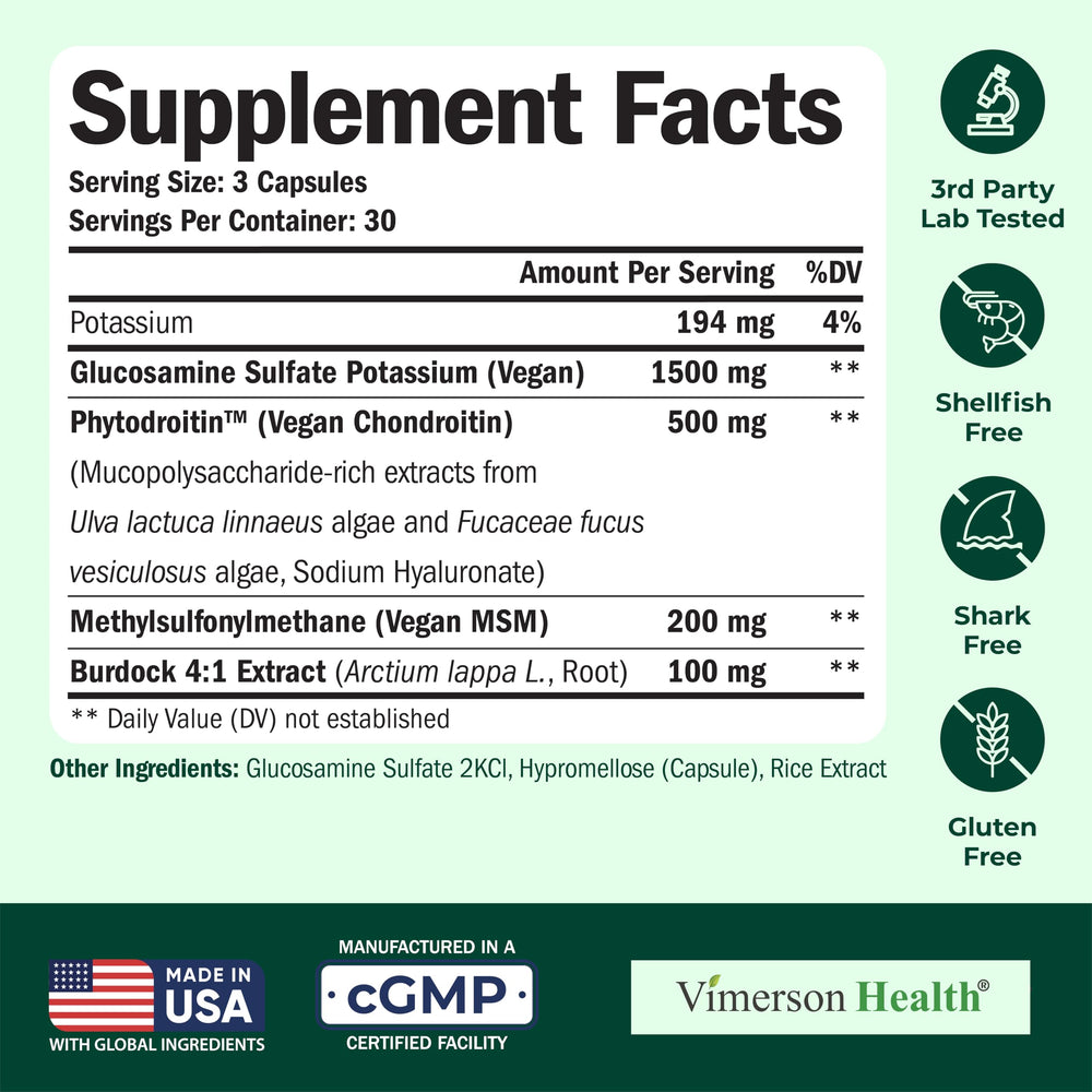 Vimerson Health vegan chondroitin ingredients panel shows burdock root for joint support.