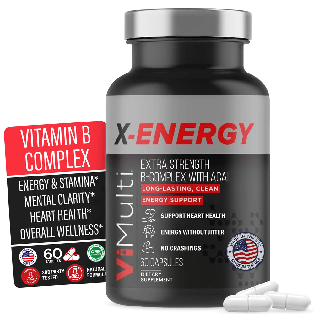 vimulti X-Energy bottle front with bold branding for daytime energy support