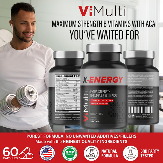 vimulti X-Energy capsules close up showing caffeine and B complex benefits