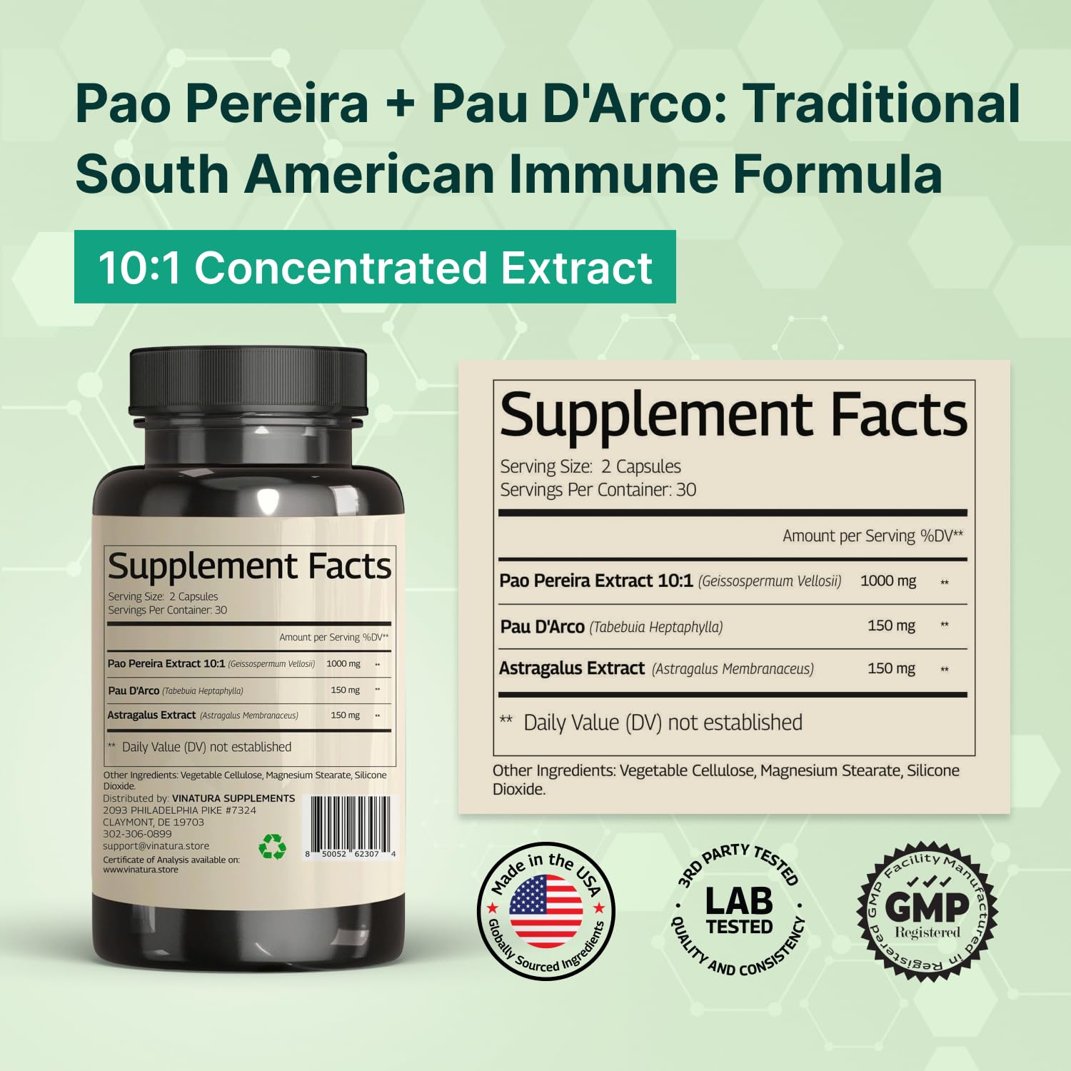 VINATURA 1300mg-dose blend on bottle label highlights potent immune and cellular support