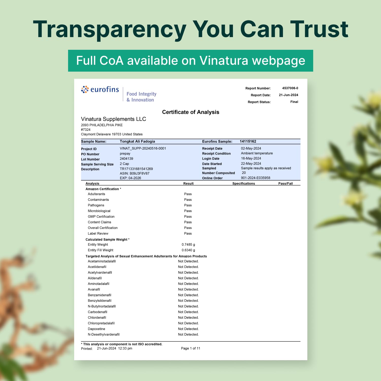 VINATURA active compounds graphic illustrates Tongkat Ali and Fadogia extracts.