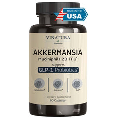 VINATURA Akkermansia bottle with capsules ready for daily gut health support.