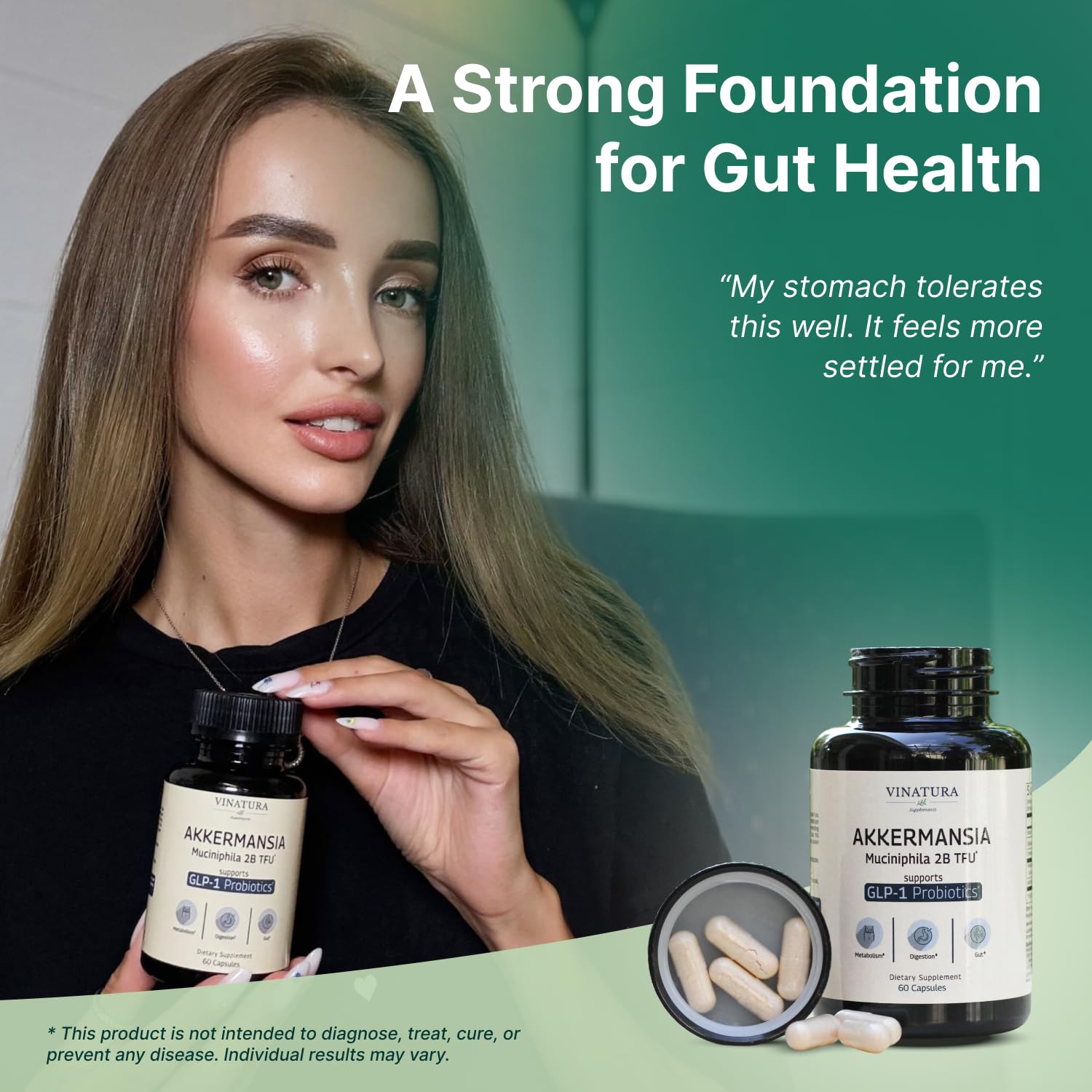 A digestive health illustration demonstrates potential gut balance support.