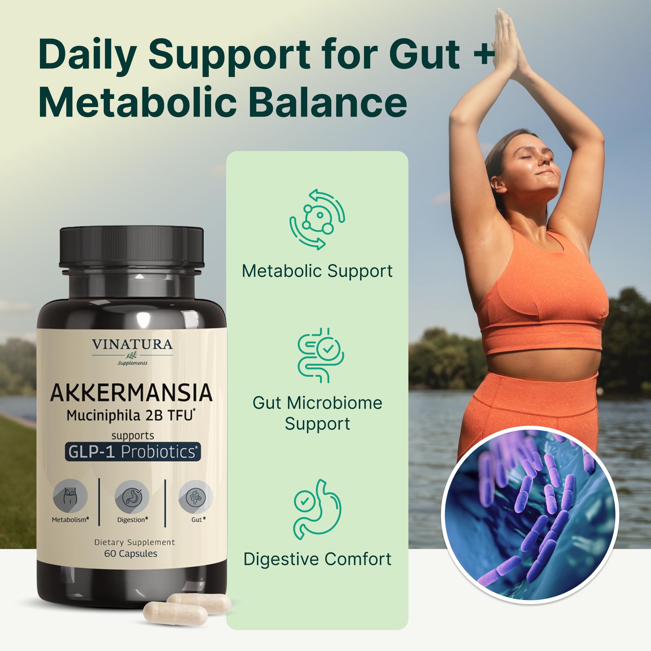 VINATURA Akkermansia bottle label highlights allergen-free formulation.