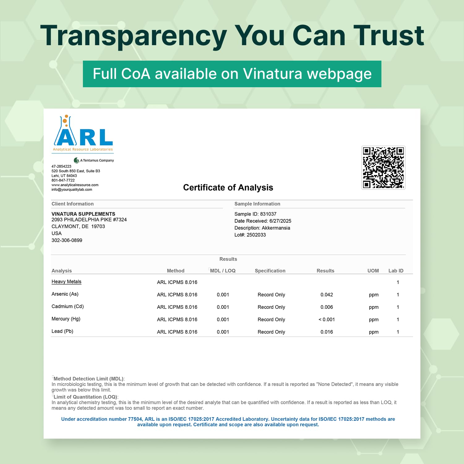 Third-party testing badge reinforces product purity and US-based manufacturing.