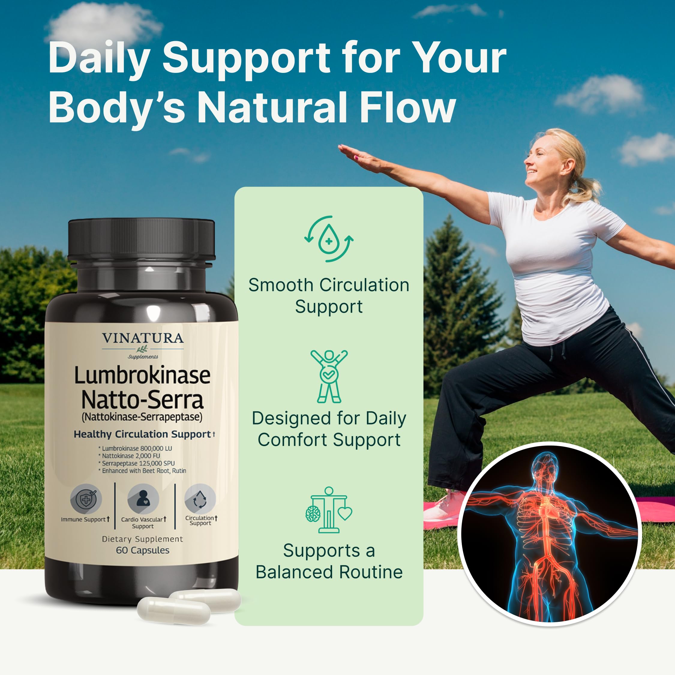 VINATURA capsules packaging on stand communicates a comprehensive enzyme formula