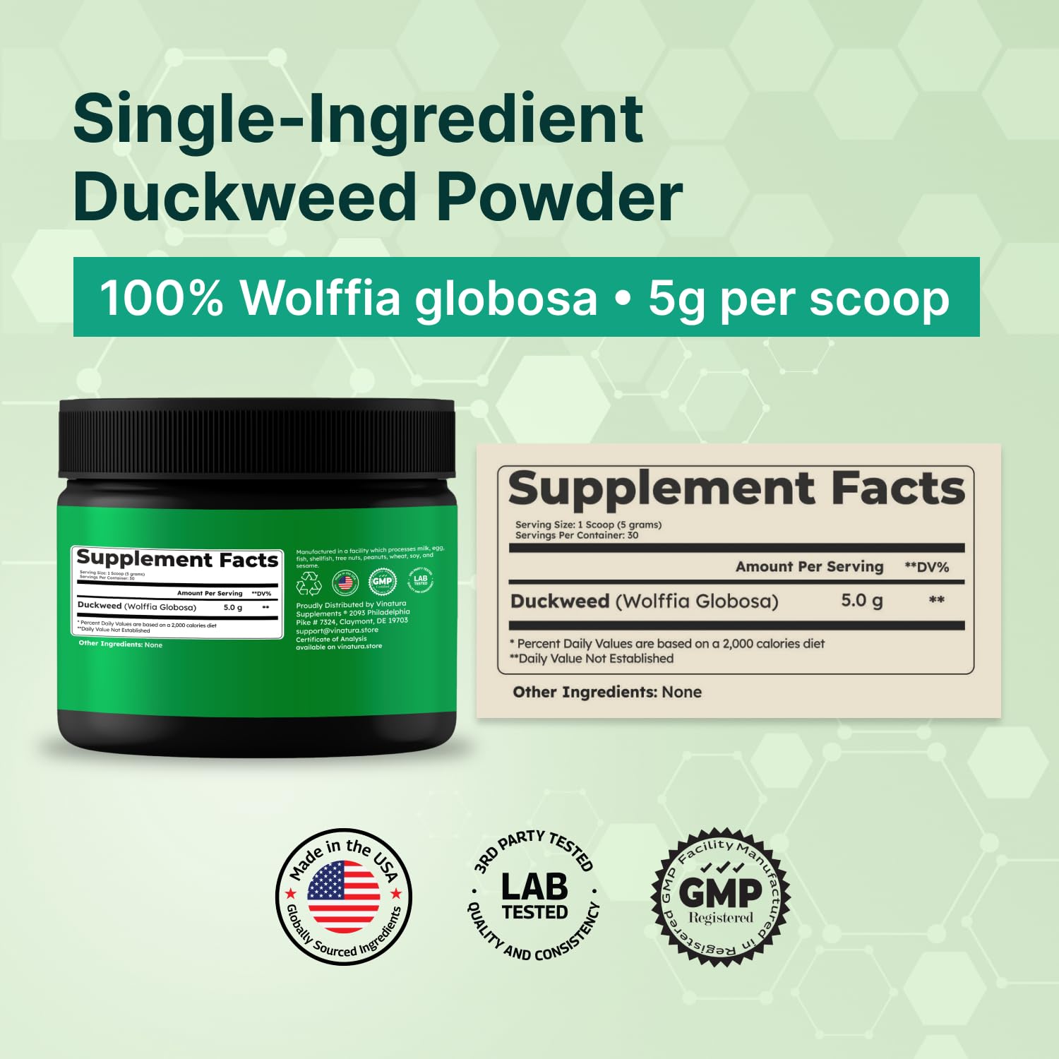 VINATURA Duckweed Powder label close-up showing 100% Wolffia Globosa for nutrient-dense nutrition