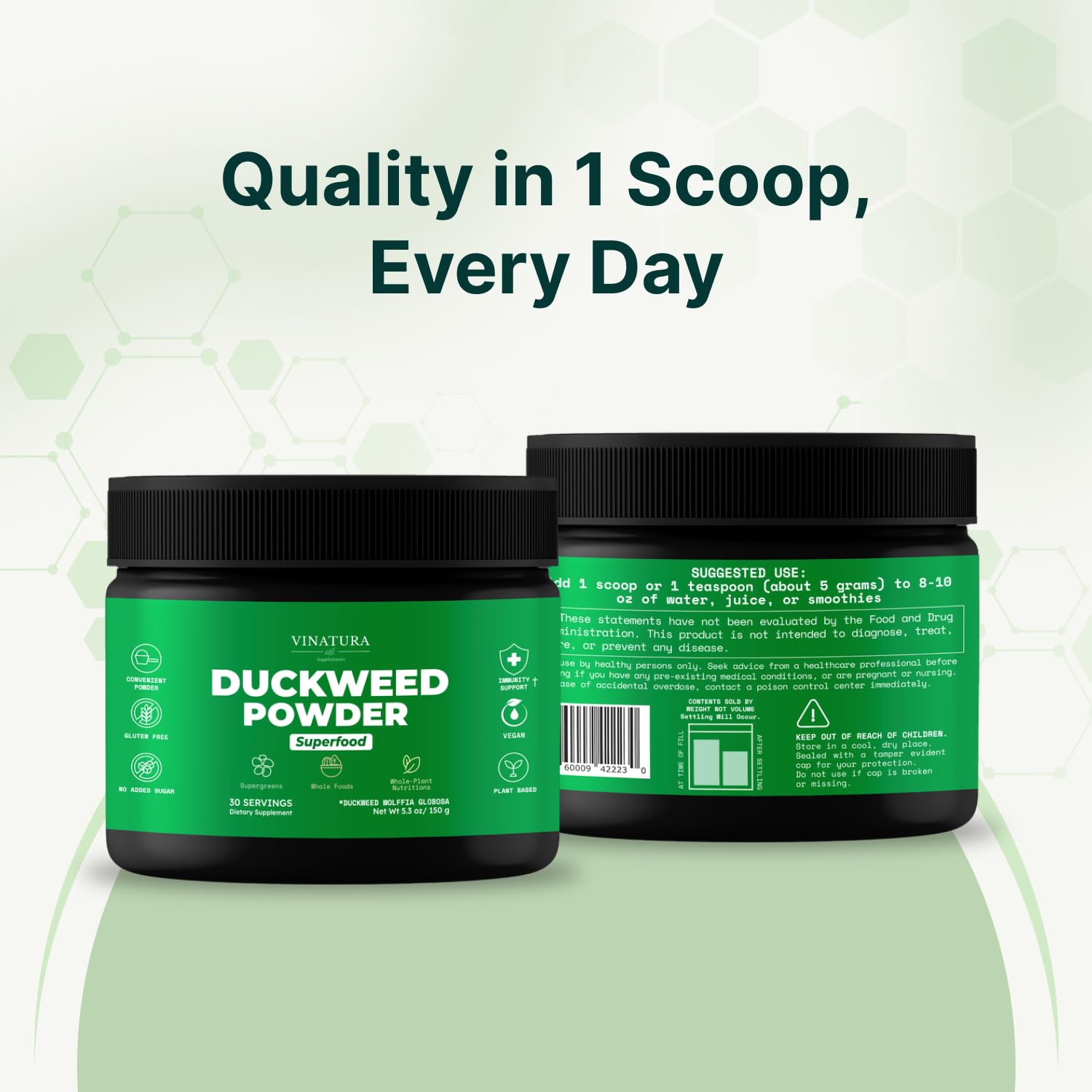 VINATURA Duckweed Powder packaging beside nutrition highlights for protein and vitamins