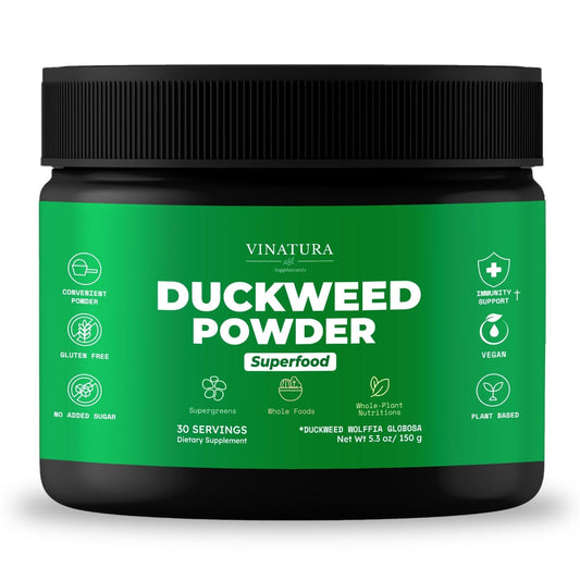 VINATURA Duckweed Powder tub front with vibrant green powder for protein-rich plant boost