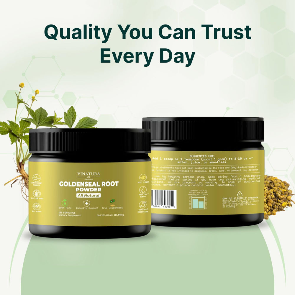 VINATURA Goldenseal Powder texture close-up highlights fine milled powder.