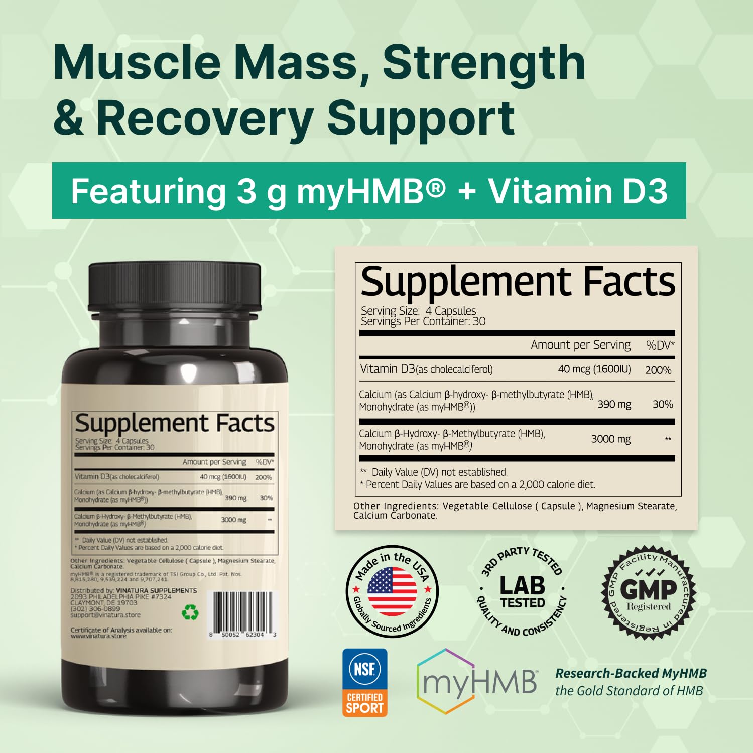 VINATURA HMB 3000mg capsules being poured for easy workout dosage