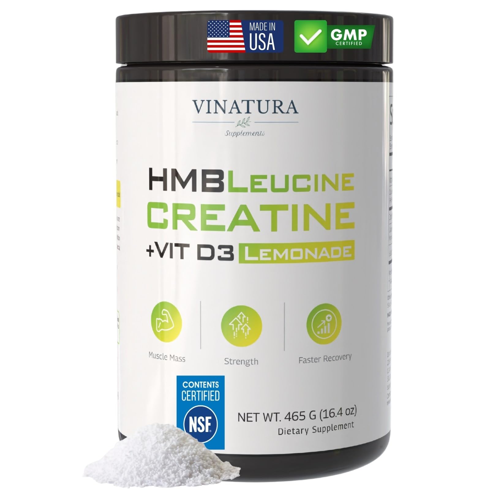 VINATURA HMB Creatine Leucine powder bottle front showing vegan lemonade flavor for workouts