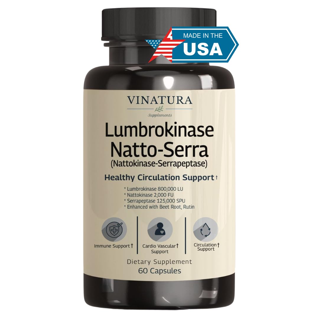 VINATURA lumbrokinase nattokinase serrapeptase bottle front shows USA-made formula for circulation support