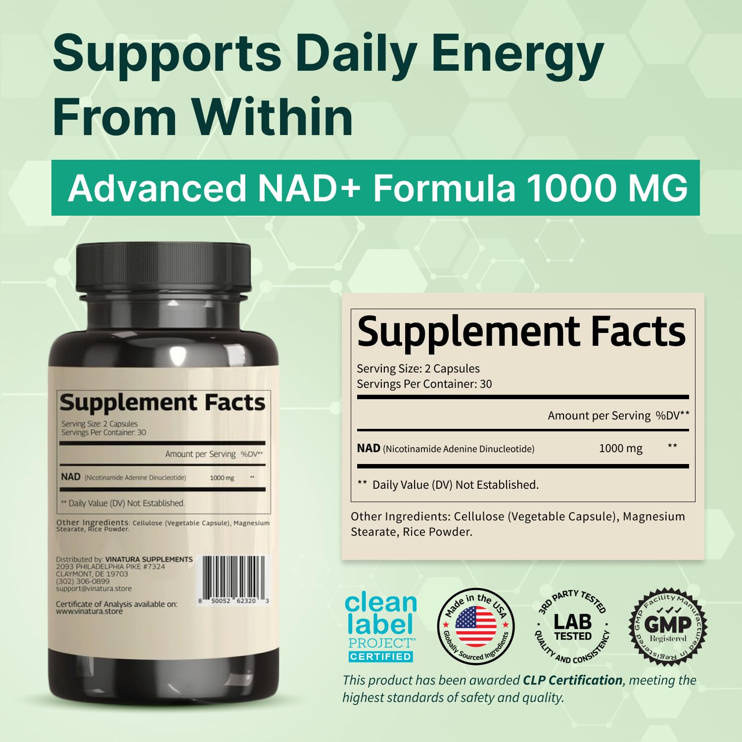 VINATURA NAD 1000mg capsules close-up highlighting dosage.