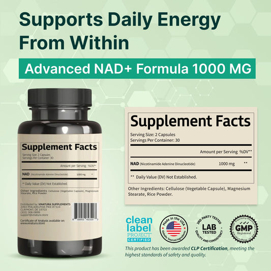 VINATURA NAD 1000mg capsules close-up highlighting dosage.