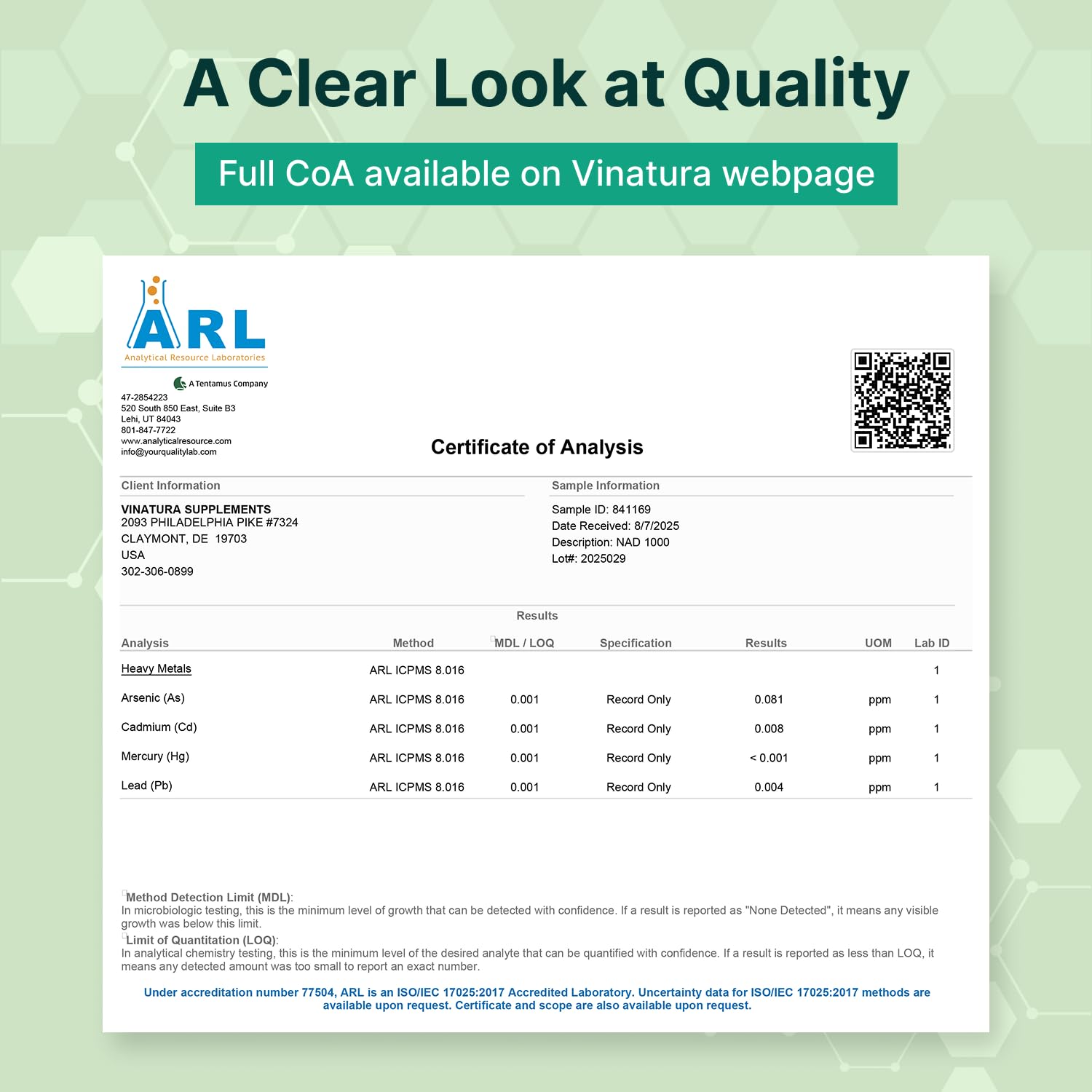 VINATURA NAD 1000mg third-party tested badge visible.