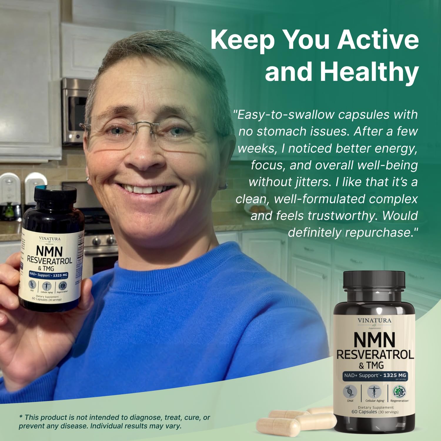 VINATURA NMN Complex bottle on desk ready for daily supplementation.