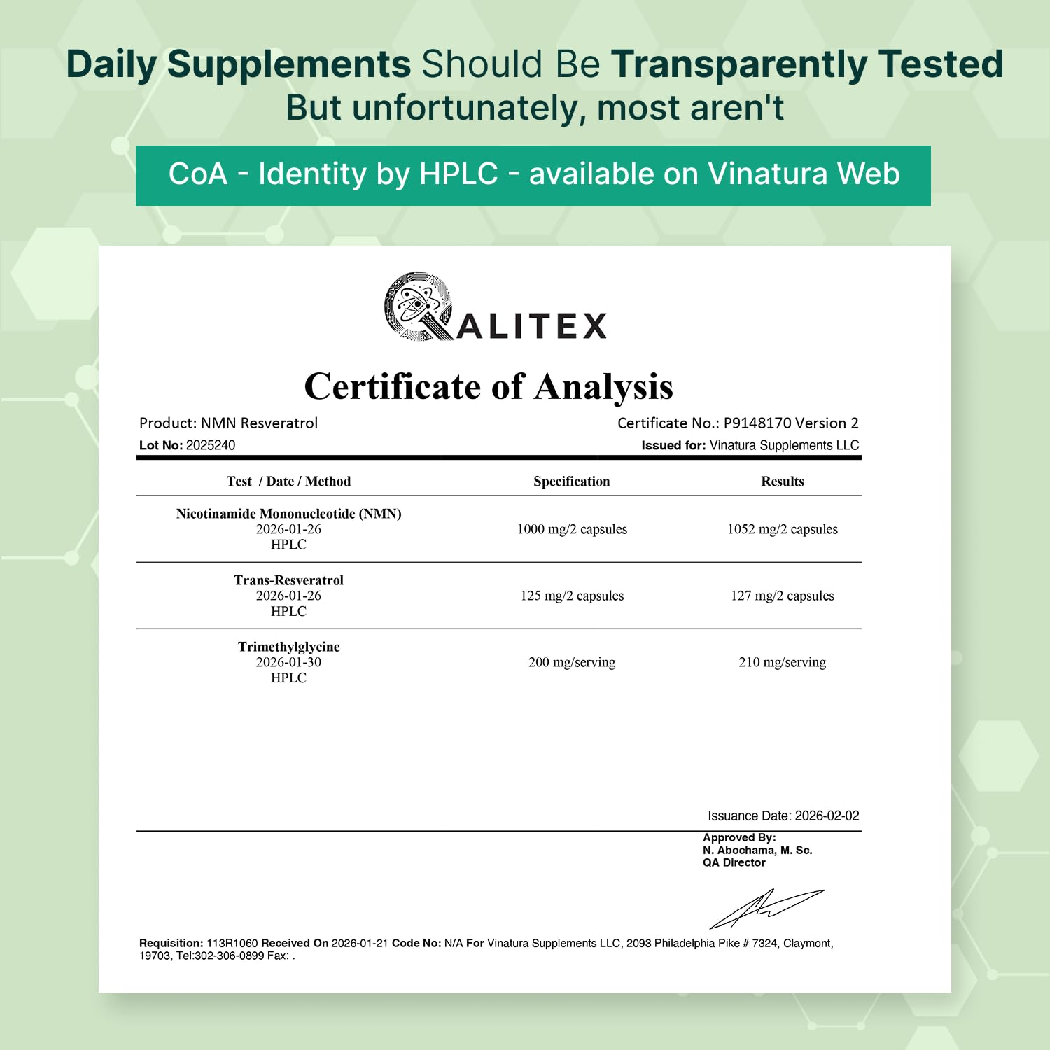 VINATURA NMN Complex ingredients—resveratrol and TMG—for NAD+ synergy.