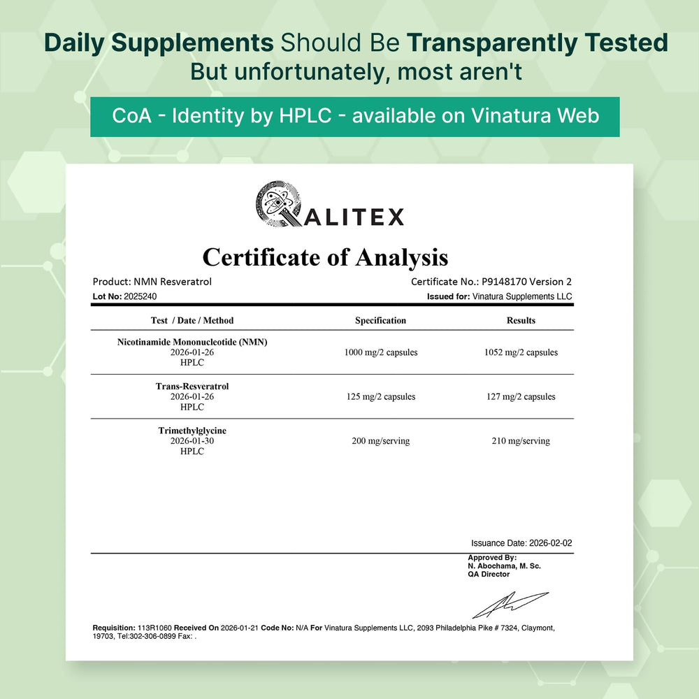 VINATURA NMN Complex ingredients—resveratrol and TMG—for NAD+ synergy.