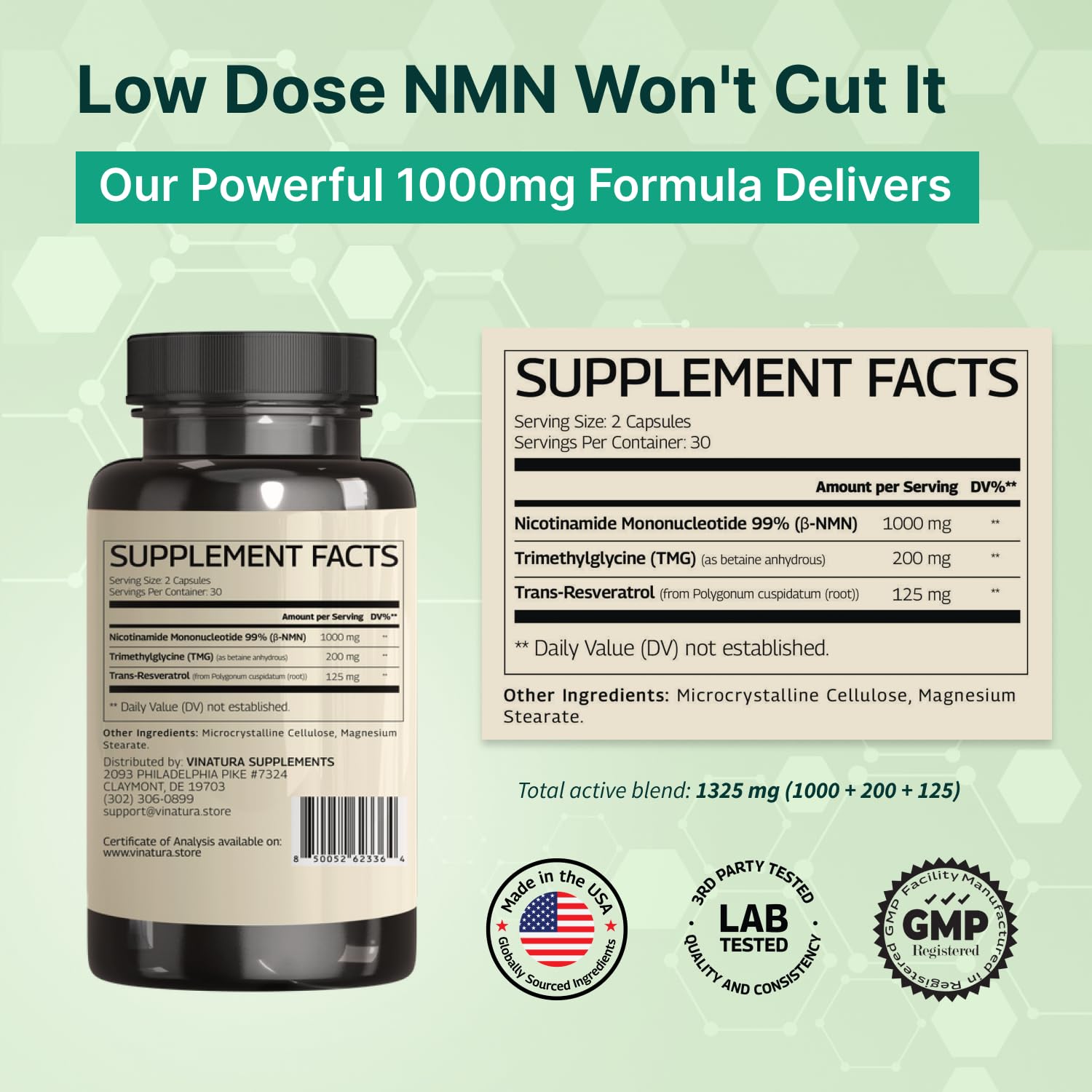 VINATURA NMN Complex label details highlight vegan capsules for easy daily use.