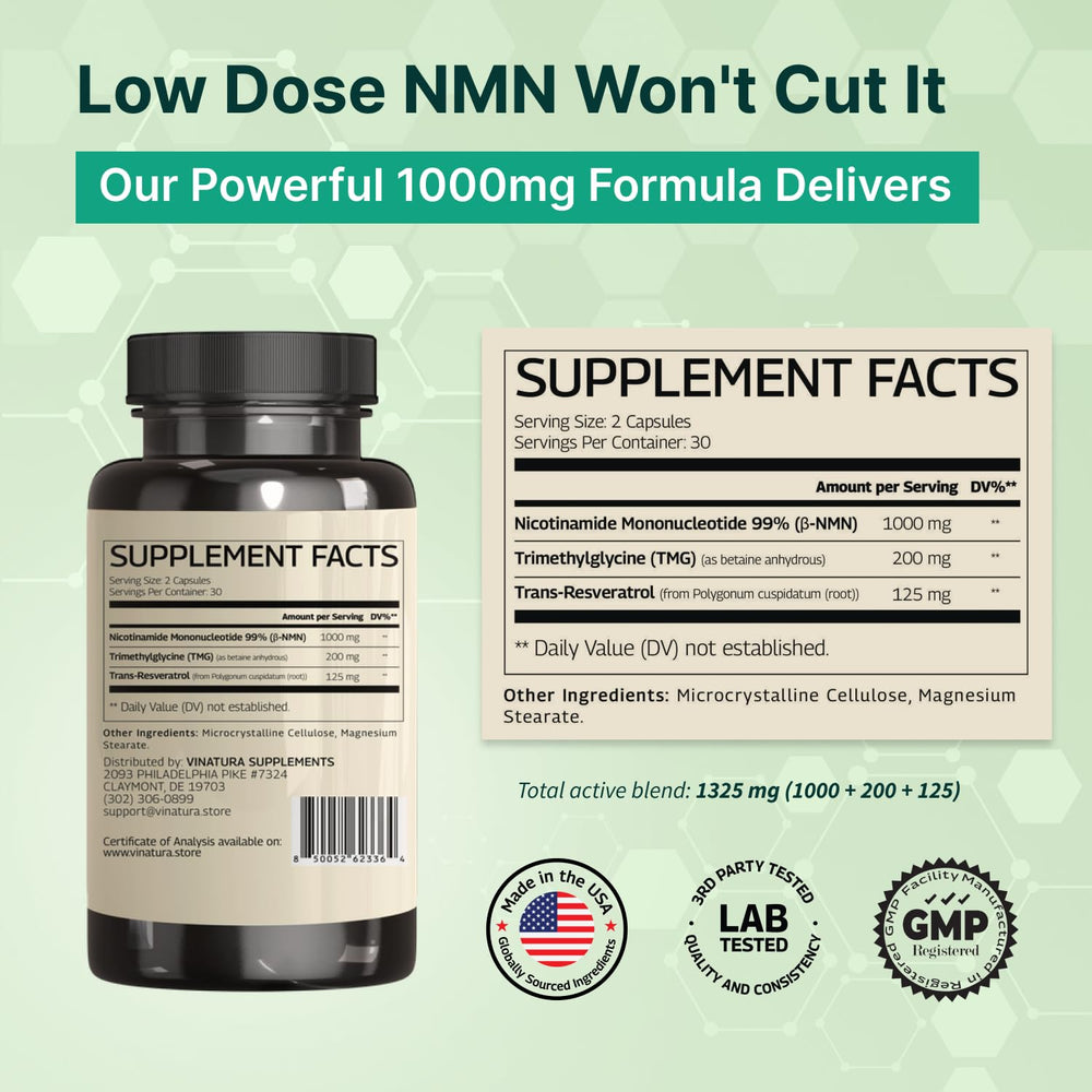 VINATURA NMN Complex label details highlight vegan capsules for easy daily use.