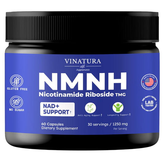 VINATURA NMNH bottle front view highlighting NR and TMG for NAD support.