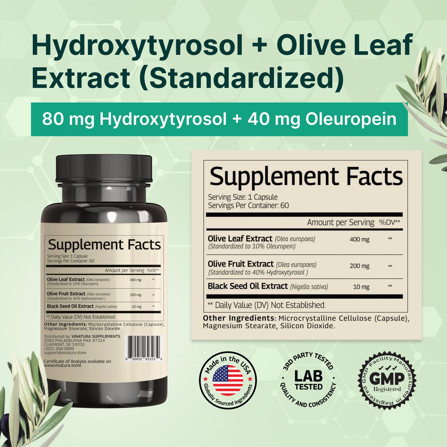 VINATURA olive leaf extract capsules showing oleuropein concentrate for potential immune support.