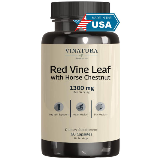 VINATURA Red Vine Leaf Extract bottle shows vegan formula for leg circulation support.