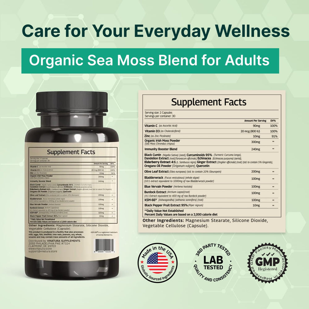 VINATURA Sea Moss Blue Vervain capsules closeup showing 1250mg serving strength