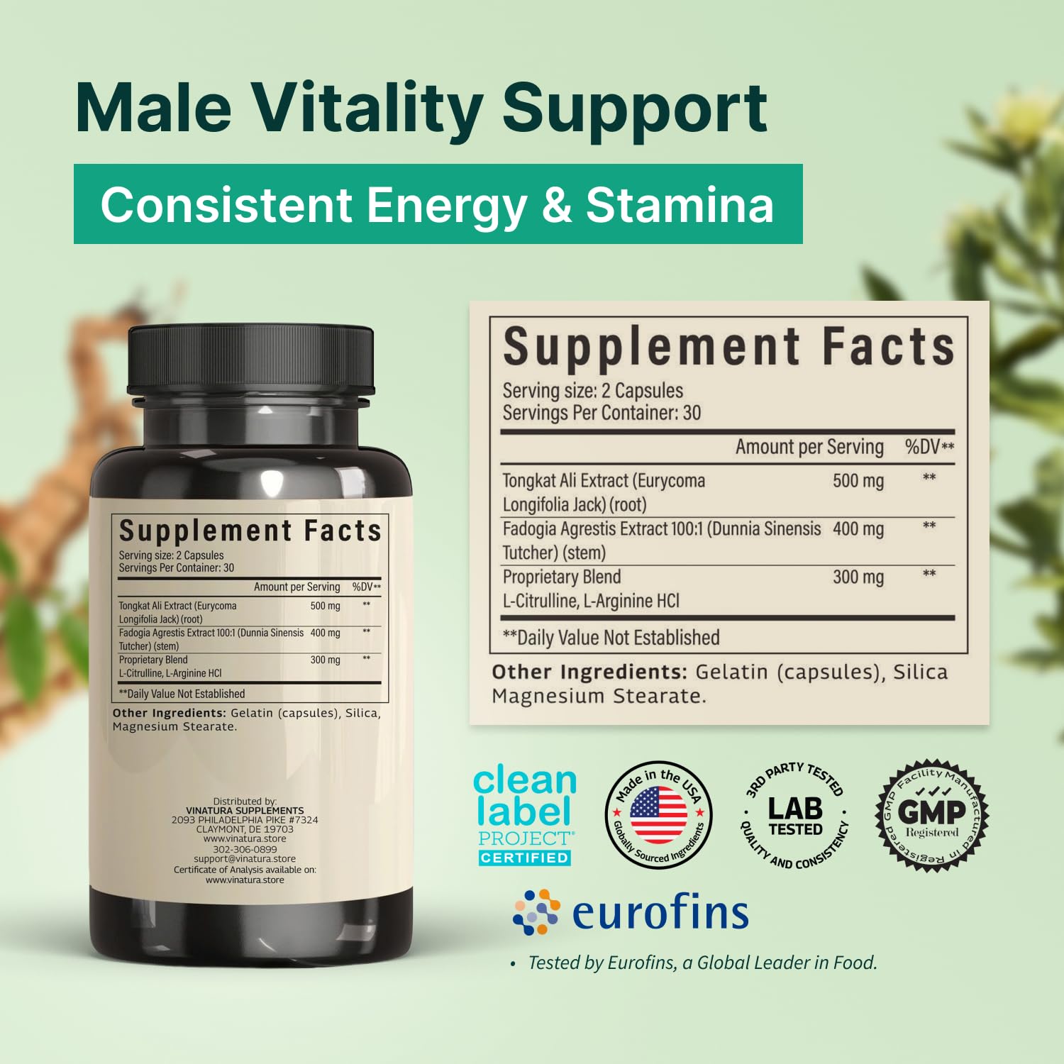 VINATURA Tongkat Ali Fadogia capsules for convenient daily performance support.