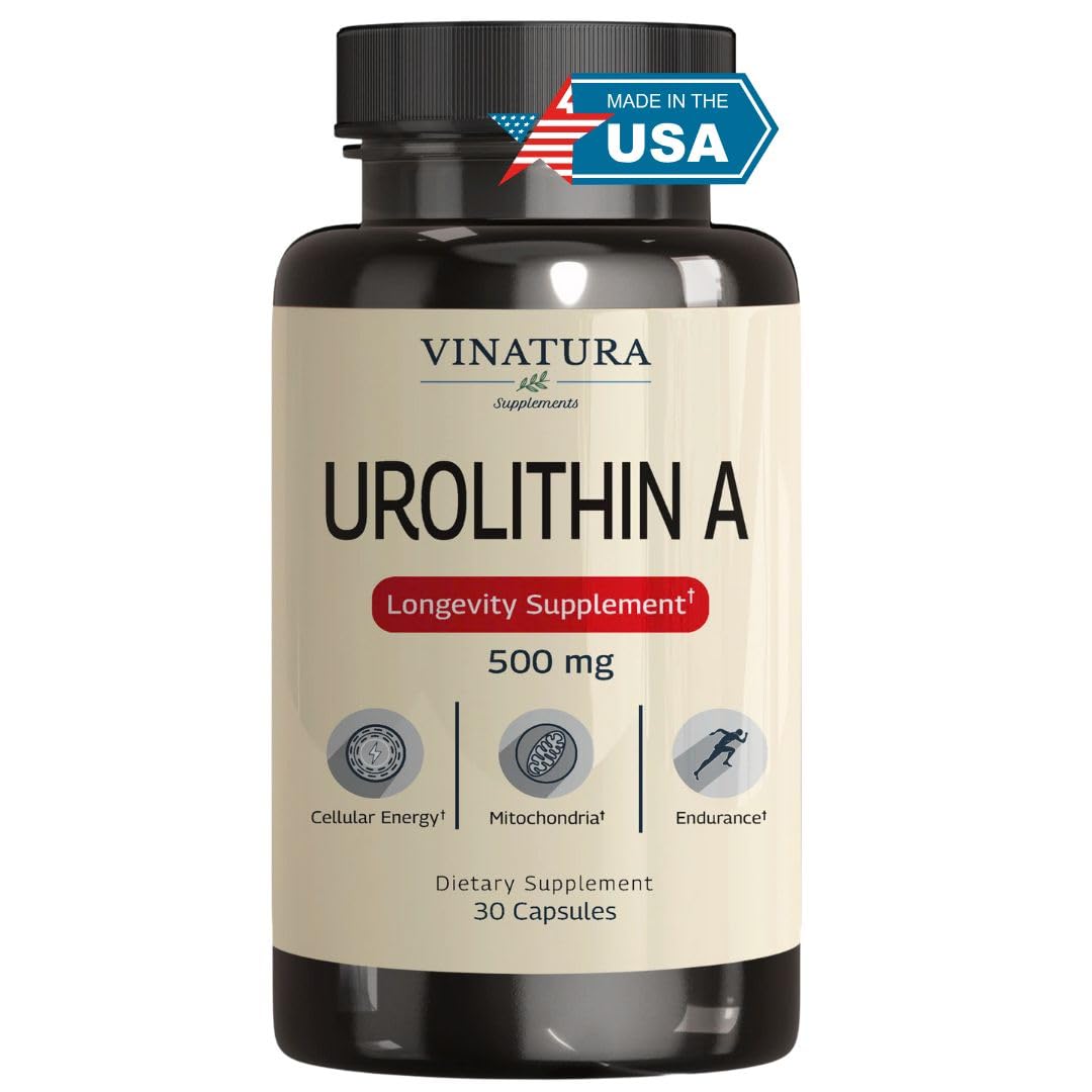 VINATURA Urolithin A bottle with 500mg capsules for daily mitochondrial support.