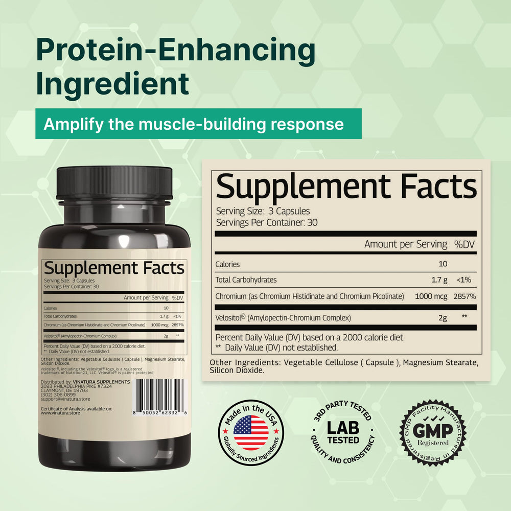 VINATURA Velositol capsules closeup highlighting non-GMO formula for protein support