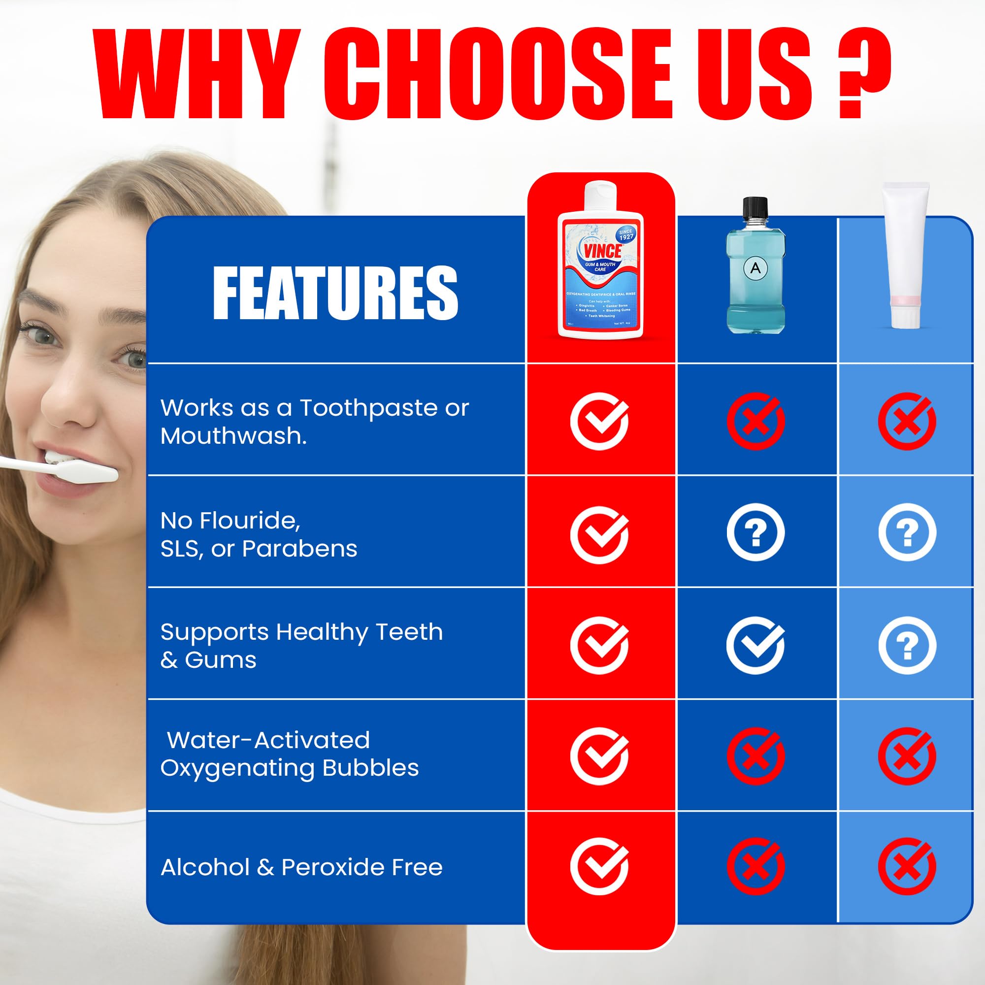 Powder bubbles activate when mixed with water for fresh breath.
