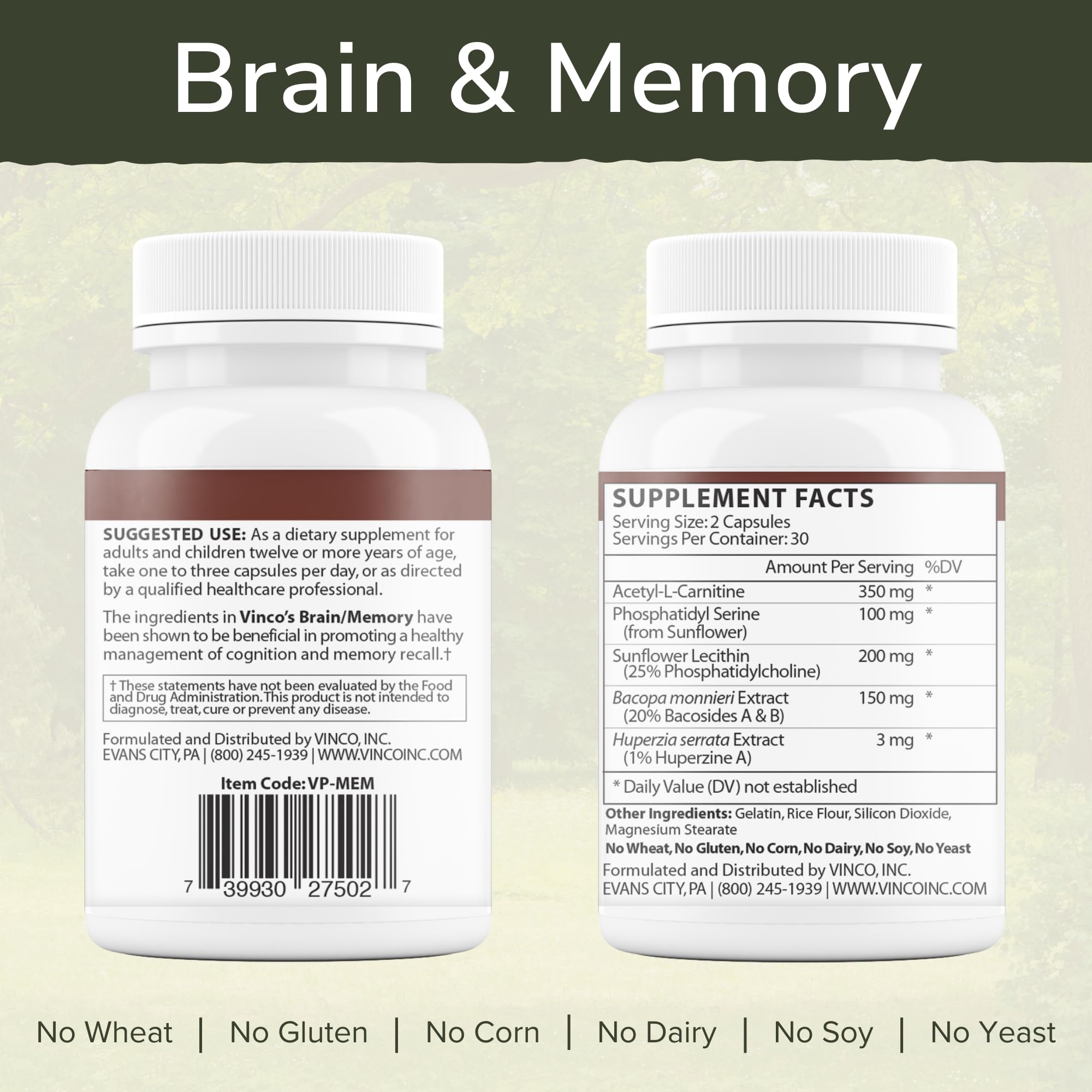 Vinco bottle label closeup shows gluten-free and allergen-free daily support.