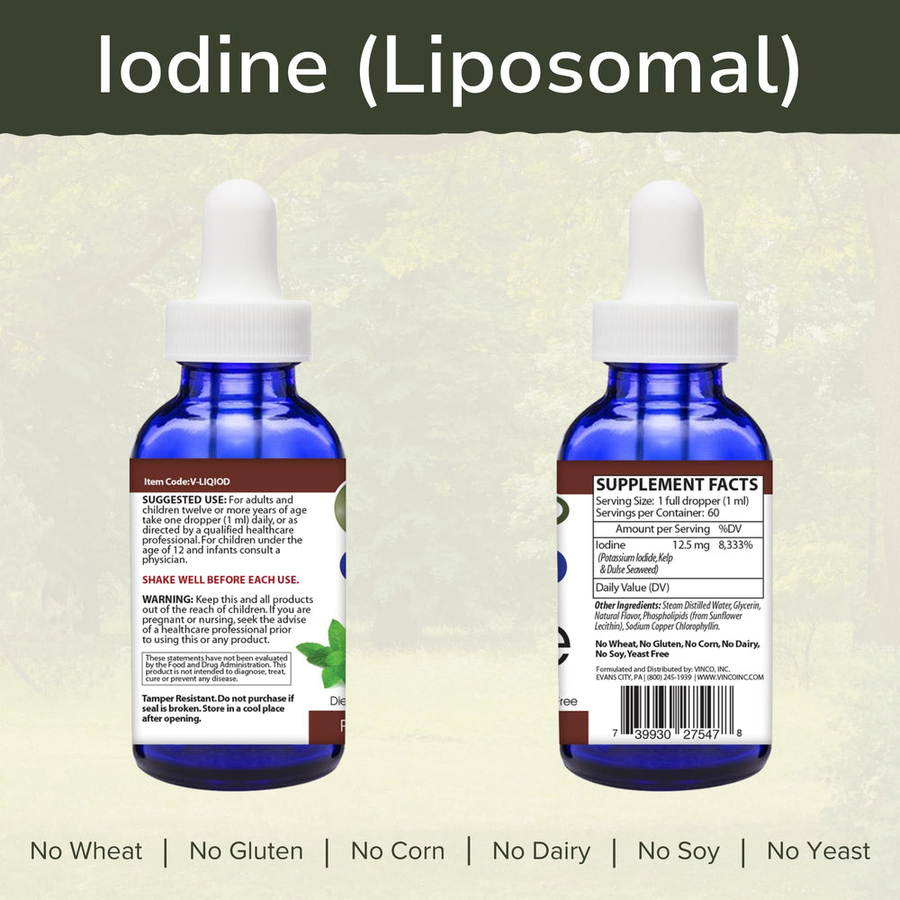 Close-up of Vinco iodine drops highlighting nano-encapsulated delivery for absorption.