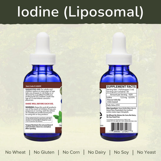 Close-up of Vinco iodine drops highlighting nano-encapsulated delivery for absorption.